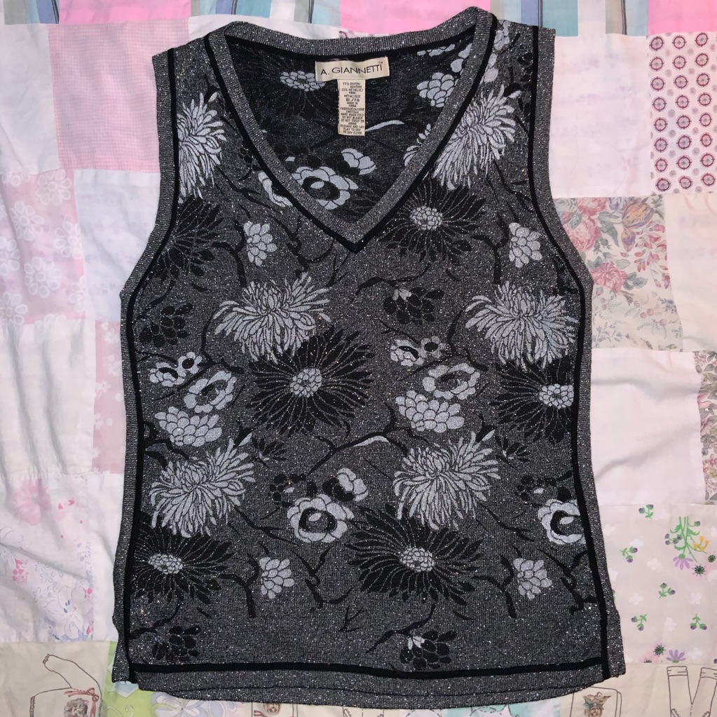 Vintage A. Giannetti Black Graphic Fitted Tank Top Stretchy Sparkly Xl